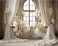 12x10ft Wedding Party Decorations Banner Backdrop Wedding Reception Photography Backdrop White Floral Flowers Curtains French Frame Photo Backgrounds Baby Shower Photo Shoot Portraits Props