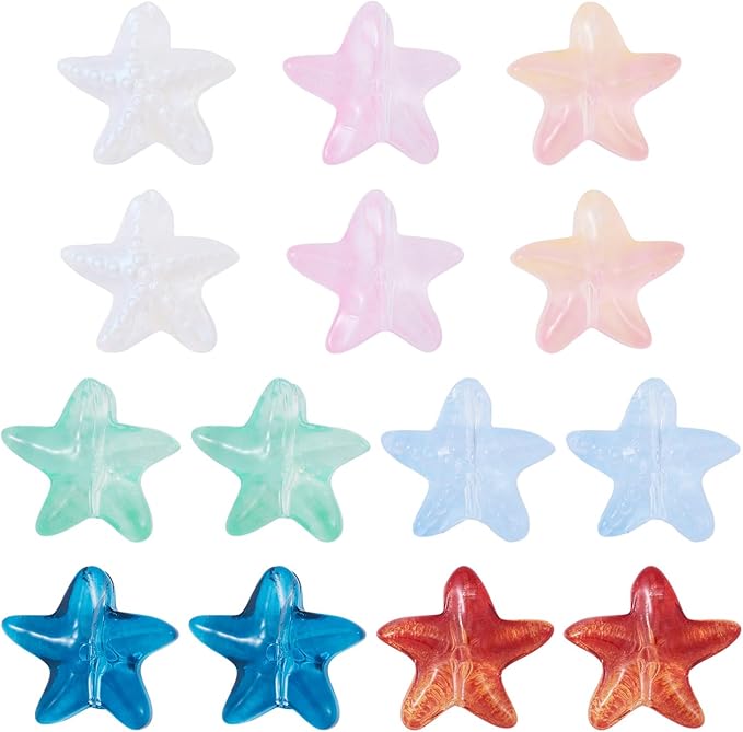 28Pcs 14mm Glass Star Beads Colorful Crystal Star Beads Ocean Animal Starfish Spacer Bead Five-Pointed Pentagram Bead for DIY Crafts Earring Lanyard Necklace Bracelet Jewelry Making