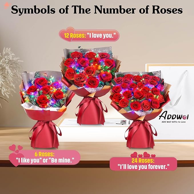 ADDWel 12 Preserved Red Roses Bouquet - Real Roses That Last 3+ Years, Romantic Christmas, Anniversary & Birthday Gifts for Wife, Girlfriend - A Dozen Flowers for Delivery, Present for Her, Mom