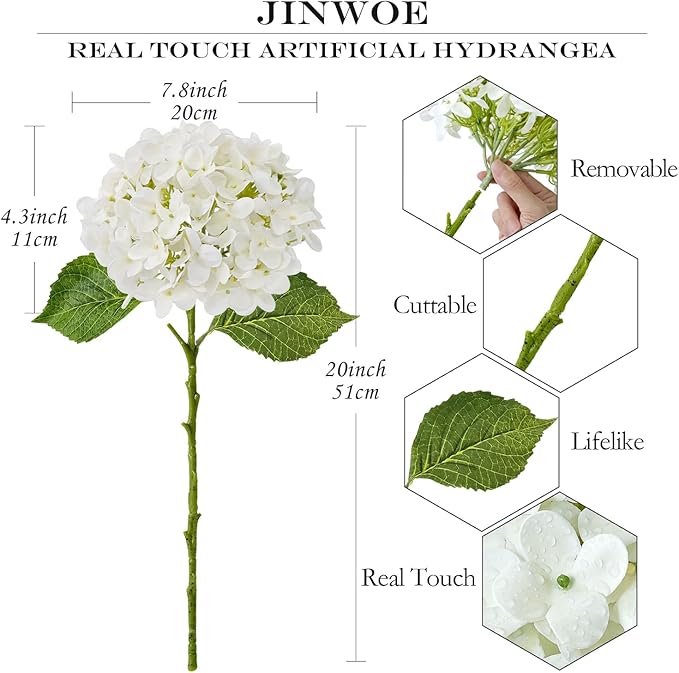 Hydrangea Artificial Flowers, 4Pcs 20" Ivory White Lifelike Latex Silk Real Touch Faux Hydrangea Flowers, Artificial Hydrangeas Bouquet for Wedding Centerpieces Tables Party Home