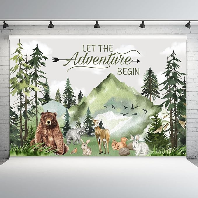 8x6ft Baby Shower Backdrop Mountain Forest Wild Animal Photography Background Cartoon Bear Woodland Green Trees White Cloud Birthday Party Banner Decorations Gender Reveal Photo Booth Prop
