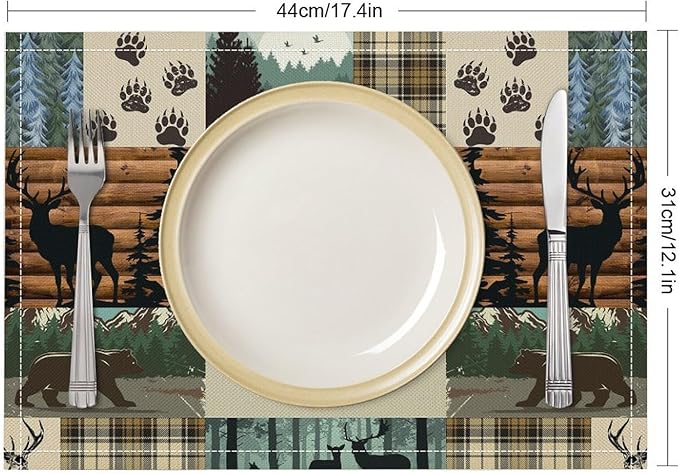 Cabin Bear Deer Moose Placemats Vintage Animal Rustic Lodge Country Art Printed Dining Table Mats Set of 4 for Home Kitchen Holiday Picnic Party Decor 12x18in
