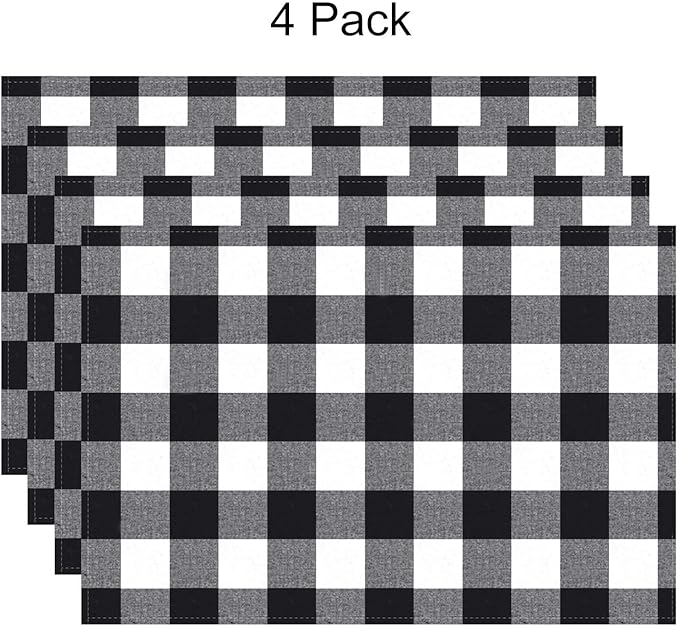Aneco 4 Pack Buffalo Plaid Placemats Checkered Place Mats Double Layer Placemats 13 x 19 Inches Decorative Kitchen Cotton Table Placemats, Black and White
