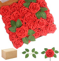 200PCS Red Artificial Flowers Roses Real Looking Foam Fake Roses with Leaves for DIY Wedding Bouquets Bridal Shower Party Decorations (Red, 200)