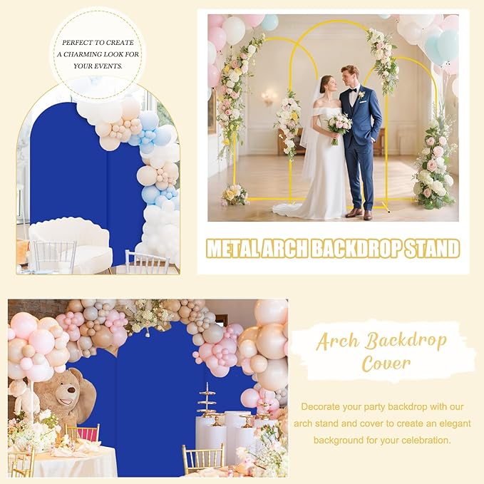 Wedding Arch Backdrop Stand and Blue Arch Cover Set of 3 (6FT, 5FT, 4FT) Metal Arch Stand with Spandex Backdrop Arches Stand Cover Balloon Arches with Covers for Birthday Party Graduation Decorations