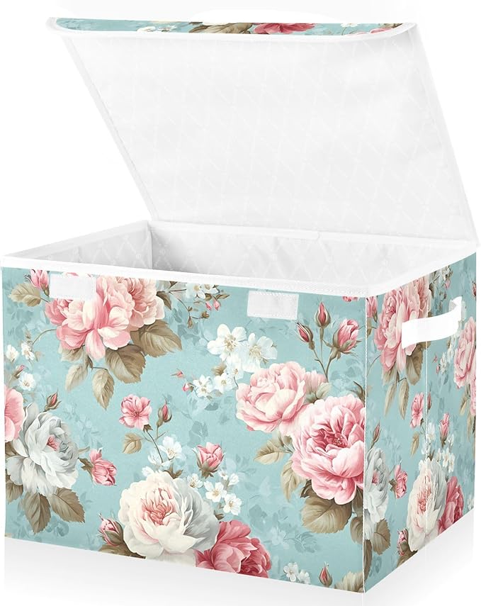 susiyo Cute Floral Pattern Storage Bins with Lids and Carrying Handle Foldable Storage Boxes Organizer Containers Baskets Cube Shelf organizers for Clothes Toys Office