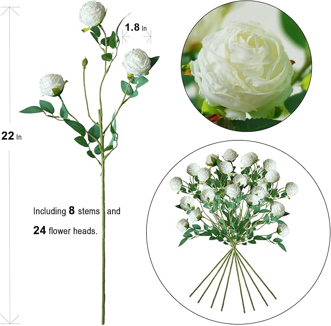 CHIAVE 8pcs 24 Flower Buds Artificial Vintage Roses Fake Silk Rose Flowers with Long Stem for DIY Bouquets Wedding Centerpiece Party Home Kitchen Shorp Decoration-White
