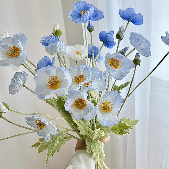 2 Pcs Artificial Fake Flowers Plants Poppies Silk Flower Arrangements Wedding Bouquets Decorations Plastic Floral Table Centerpieces for Home Kitchen Garden Party Decor Approx 23.6" High - Light Blue