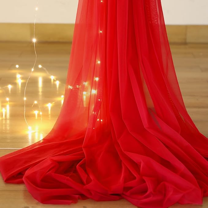 10ft x 10ft Red Tulle Photo Backdrop Curtain with Lights String for Christmas Party Red Sheer Curtain Backdrop Drapes for Birthday Party Wedding Holiday Photo Booth Background Home Room Decorations