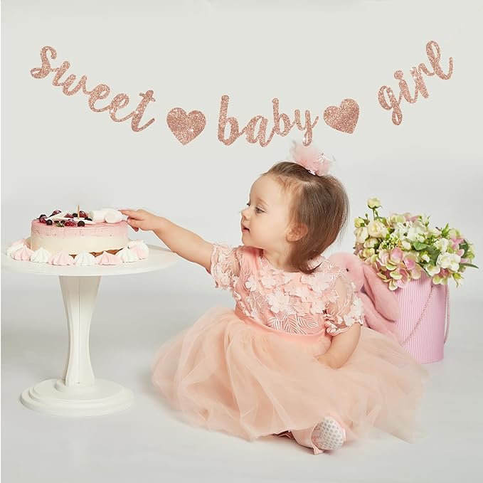 BEISHIDA Rose Gold Glitter Girl Baby Banner,NO DIY, Pre-Strung Baby Gender Party Banner For Girls, Girl Baby Shower Decorations,First Birthday Sweet party supplies