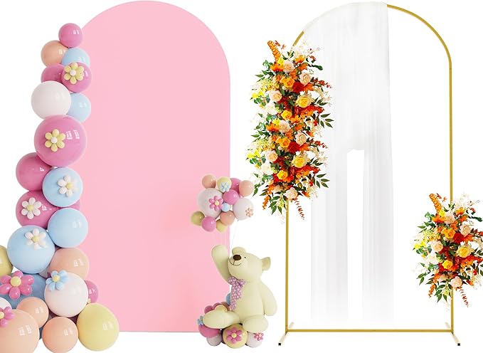 Putros 6.6ft Metal Arch Stand with Cover Pink Spandex Fitted Wedding Arch Cover and Round Top Chiara Backdrop Stand Set for Birthday Party Baby Shower Decoration