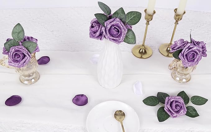 IPOPU Glitter Flowers,25PCS Light Purple Glitter Roses Fake Roses Artificial Flowers for Cake Wedding Bouquet Home Party Decoration(Lilac)