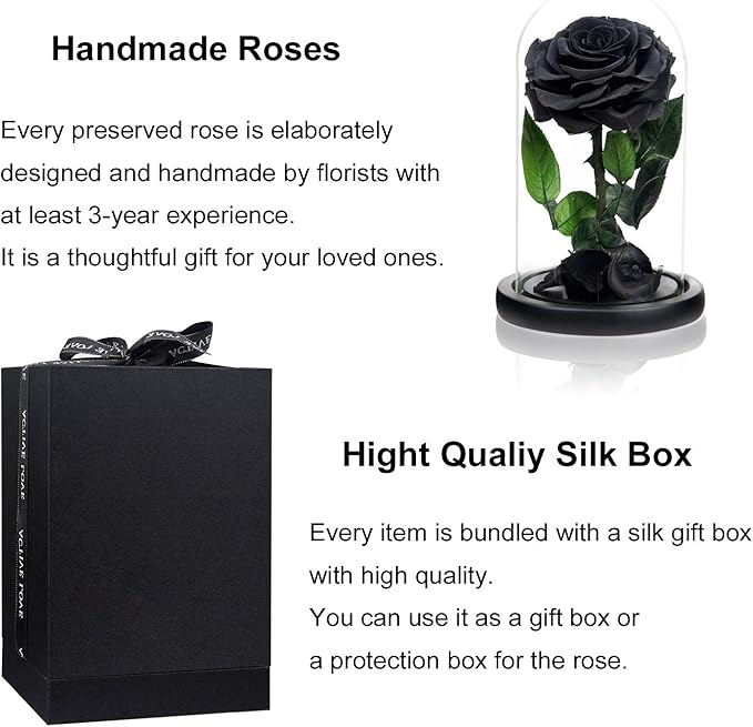 NATROSES Handmade Preserved Roses in Glass Dome, Black Roses Roses, Preserved Flowers Gifts for Women, Mothers Day Flowers