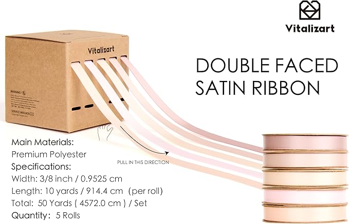 Vitalizart Ribbons for Crafts 3/8" x 50 Yd Satin Ribbon Double Face Gift Wrapping Silk Like Fabric Flower Bouquet Birthday Party Decorations Bridal Shower Wreath Hair Continuous Pink Nude Rose Tan