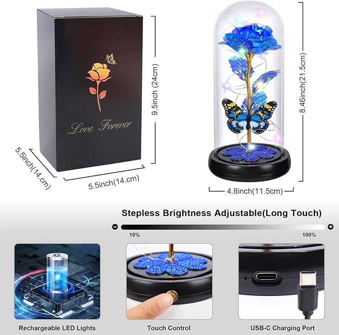Christmas Rose Gifts for Women, Womens Gift for Christmas Rechargeable Galaxy Glass Rose Light Up Roses In Glass Dome Crystal Flower Butterfly Birthday Xmas Gifts for Women Mom Wife Grandma Her Blue