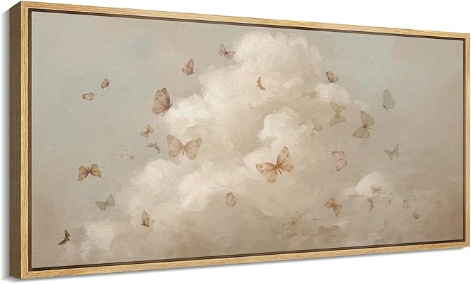 SIGNFORD Extra Large Framed Canvas Print Wall Art Butterflies in the Clouds Dreamy Sky with Flying Butterflies Illustrations Modern Art Relax/Calm Warm for Living Room, Bedroom, Office - 60"x30"