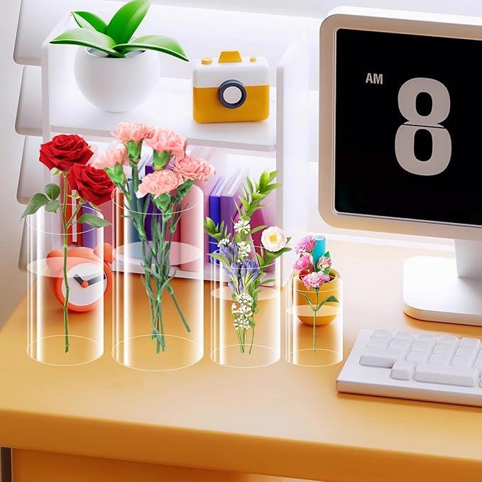 24 Pack Plastic Cylinder Vases, 4 6 8 10 Inch Tall Acrylic Cylinder Clear Flower Vase Set Bulk Glass Like Large Round Plastic Vases for Centerpiece Wedding Home Office