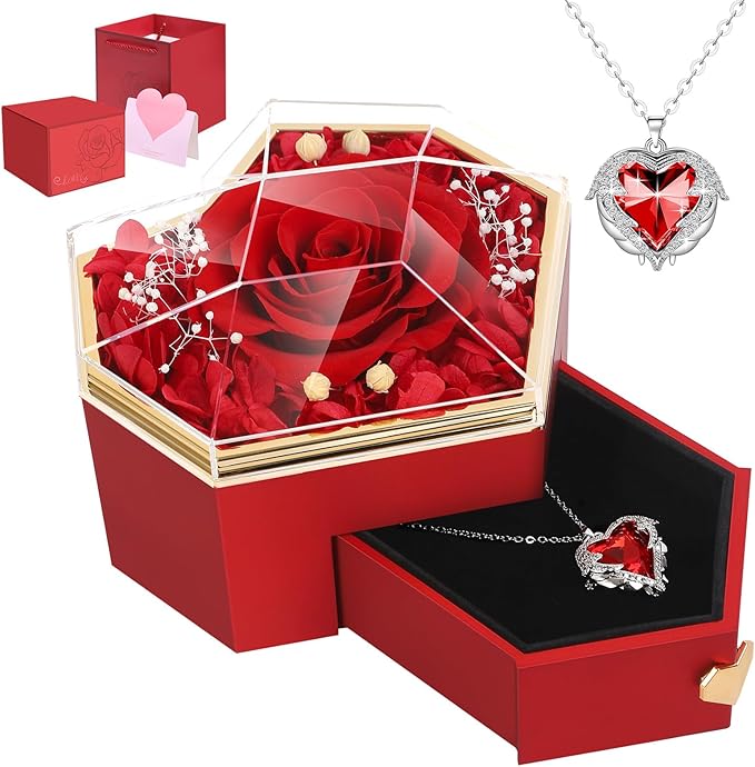 Preserved Red Real Rose with Necklace Forever Flowers Diamond Shaped Box for Mom Wife Girlfriend Grandma on Mothers Day Birthday Valentines Christmas Anniversary Beatiful Gifts for Women…