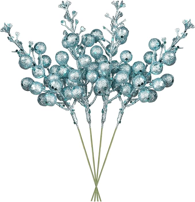 DearHouse 14 Pack Christmas Glitter Berries Stems, 7.8Inch Artificial Christmas Picks for Christmas Tree Ornaments, DIY Xmas Wreath, Crafts, Holiday and Home Decor (Light Blue)
