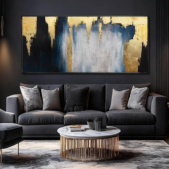 Modern Abstract Blue and Gold Framed Wall Art 32x70 Extra Large Canvas Painting Contemporary Artwork for Living Room Office Decoration