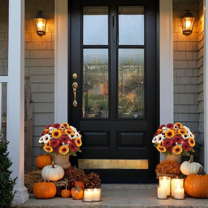 HUAESIN Artificial Fall Mum Flower for Outdoors 2 Bundles Autumn Cemetery Flowers Silk Daisy Bulk Plants for Home Porch Patio Farmhouse Thanksgiving Porch Garden Pots Planter Decor
