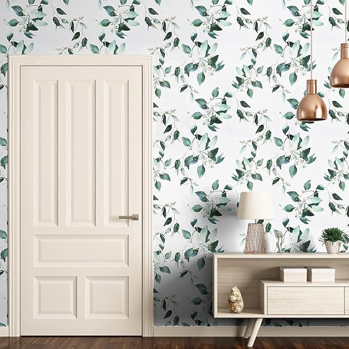 Erfoni Green and White Peel and Stick Wallpaper Floral Contact Paper for Bedroom17.7inch x 78.7inch Eucalyptus Wallpaper Peel and Stick Vintage Flower Decorative Removable Wall Paper Vinyl Roll