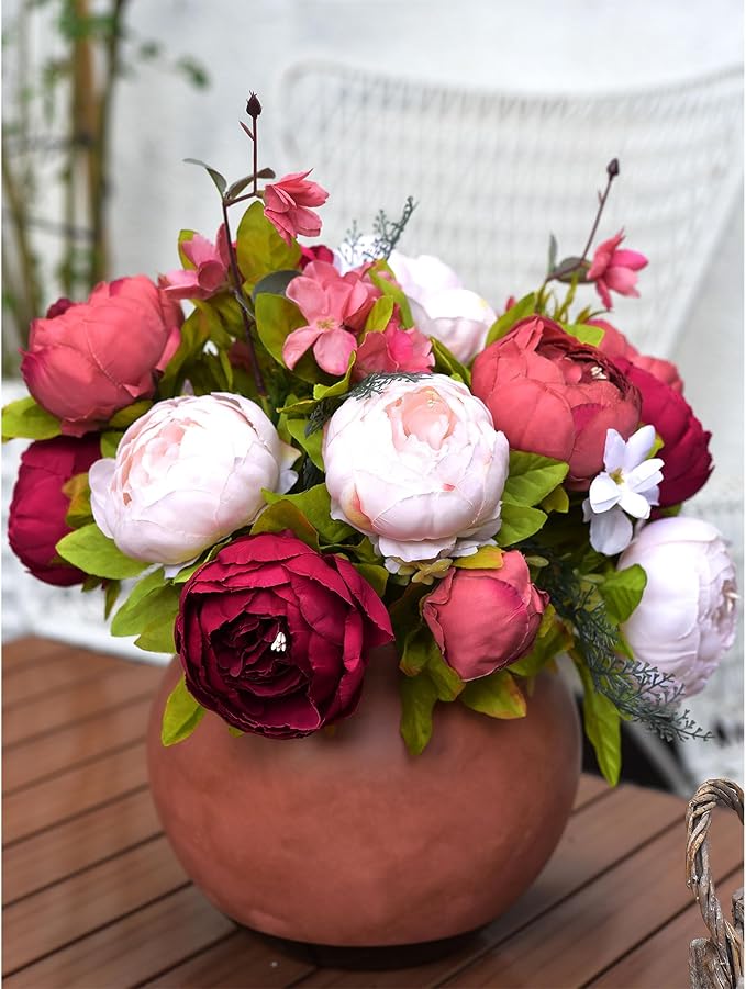 FiveSeasonStuff Burnt Pink and Dusty Pink Vintage Artificial Peonies Silk Flowers and Hydrangeas for Wedding Bridal Home Decor – Beautiful Floral Centerpiece Bouquet (Fireside Romance)