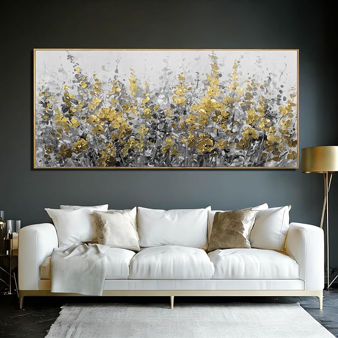 WINKAILIN Black Gold Wall Art Abstract Oil Flower Canvas Grey Painting Modern 32x70 Plant Artwork with Frame for Living Room Office Decoration