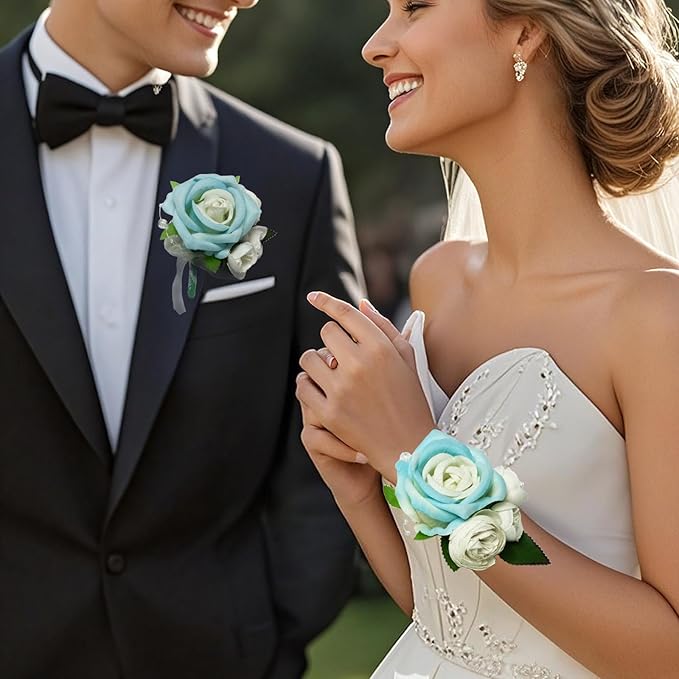 Wrist Corsage and Boutonniere Set, Artificial Rose Corsage Wristlet and Boutonniere for Wedding Prom Party (Blue, 4pcs)
