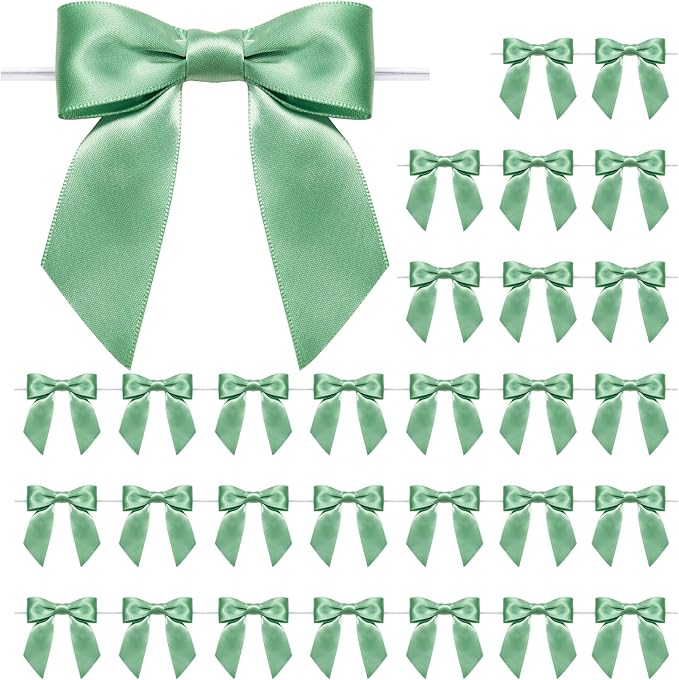 WRAPAHOLIC 30 Pcs 3" Sage Green Satin Ribbon Bows with Twist Tie - Pretied Premade Craft Bows for Christmas Party Crafts Treat Bags Gift Wrapping Wedding Birthday Baby Shower