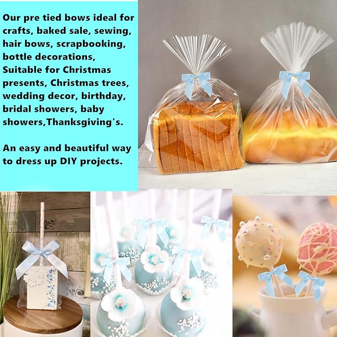 50 Pack 3" Blue Satin Twist Tie Bows, Twist Bows for Treats, Ribbon Bows with Twist Ties Gift Wrap Bows, Pretied Bows Ties for Cake Pops, Baby Shower, Sweets Packaging, Party Favors, Gifts