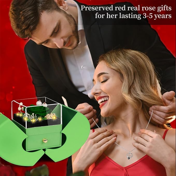Gifts for Mom from Daughter and Son, Unique Mother Birthday Gift Idea, Preserved Green Real Roses with I Love You in 100 Languages Mom Necklace, Cool Present to Mother Mama-Green