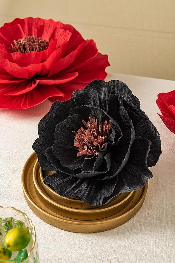 Artificial Paper Flower Decorations for Wall Backdrop Wedding, Giant Paper Flowers, Handcrafted Flowers for Birthday Baby Shower Bridal Shower Nursery Decor(Black & Red Set 7)