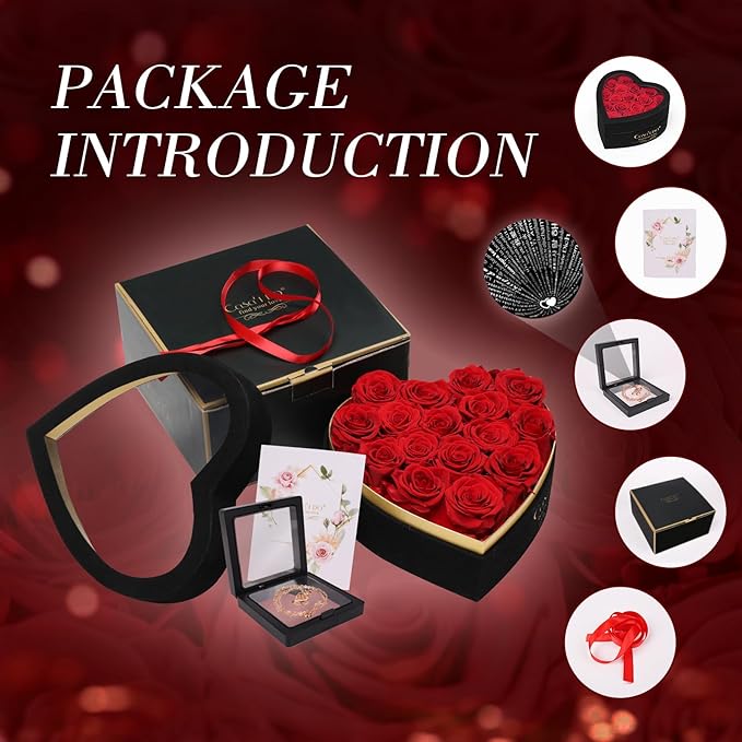 Preserved Roses Flowers for Delivery 16 Pcs, Forever Flores in Heart Box with Necklace, Eternal Rose Anniversary Birthday Gift for Women Wife Girlfriend, Rosas for Valentines Christmas, Red