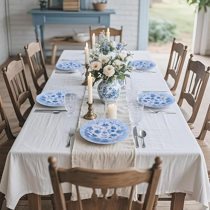 U-QE 50Pcs Blue Plastic Plates - Botanical Stripes Plates Disposable Heavy Duty, Fancy Floral Pattern Perfect for Weddings, Tea Parties, Holidays - 10.25" Dinner & 7.5" Dessert Plastic Plate