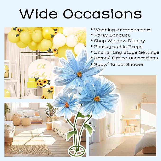 Giant Blue Daisy Artificial Flowers Decorations, Large Paper Flower Bouquets Decor No-Wilting, 3Pcs Artificial Flowers Season Decoration Wedding Mother's Day Flower Wall Arrangements Home Decor Props