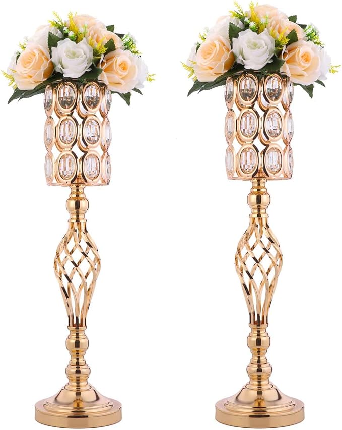 24in Metal Diamond Crystal Wedding Centerpiece Vases for Tables Set of 2, Gold Versatile Tall Flower Holders Centerpiece Flower Stands for Wedding Party Reception Dining Room Living Room Décor