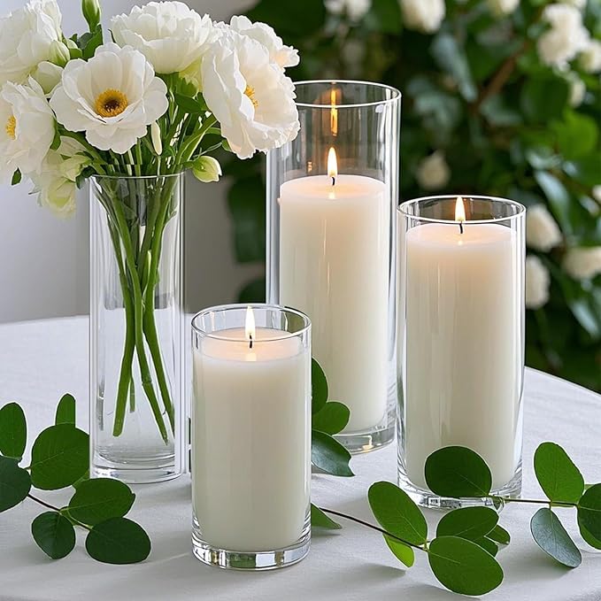 72 PCS White Pillar Candles with Glass Candle Holders Clear Hurricane Candle Holders Glass Cylinder Vases for Centerpieces Wedding Party, Event, Home Office (36 Candles+36 Candle Hoders)