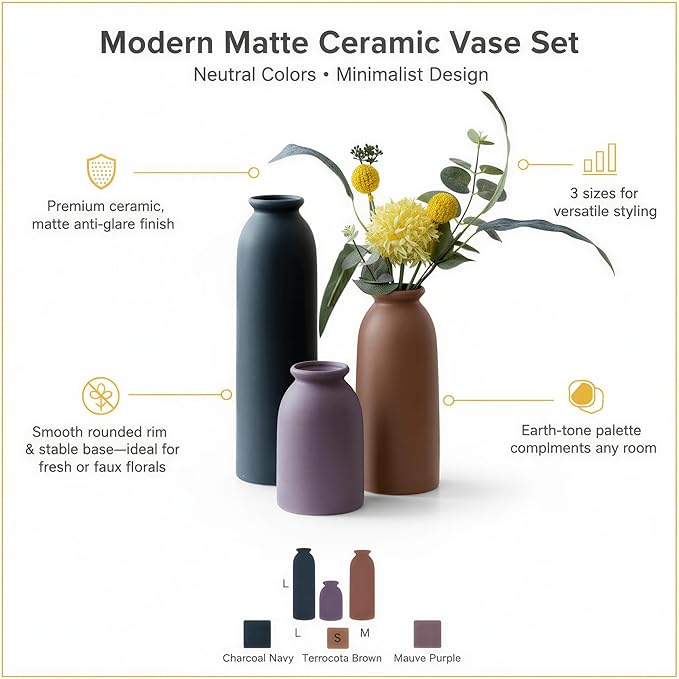 Ceramic Vase Set of 3, Farmhouse Rustic Decorative Vase for Home Decor, Modern Glazed Vase, Table Centerpiece for Living Room, Shelf, Bedroom, Kitchen (Black Purple)