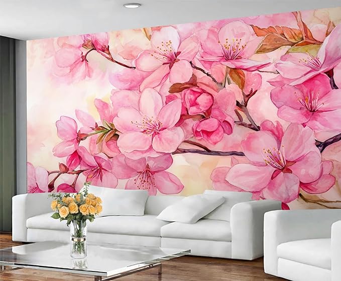 Watercolor Cherry Blossom Wall Mural, Japanese Cherry Blossom 3D Wall Murals, Simple Elegant Flowers Wallpaper Mural, for Living Room Bedroom Large Wallpaper Indoor Decor 98.4" W x68.9 H