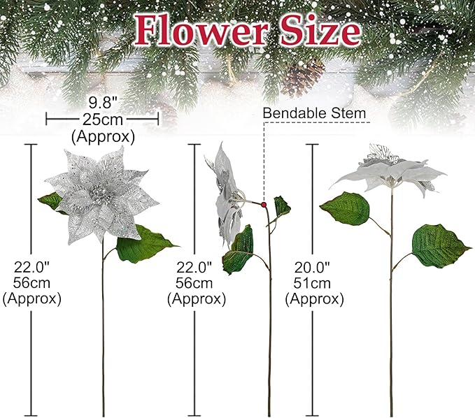 10" Poinsettia Flower Artificial for Christmas Tree Decor, 3 Pcs Faux Glitter Poinsettias Stems for DIY Xmas Wreath & Garland, Christmas Ornaments for Home Party, Holiday & Wedding Decorations, Silver