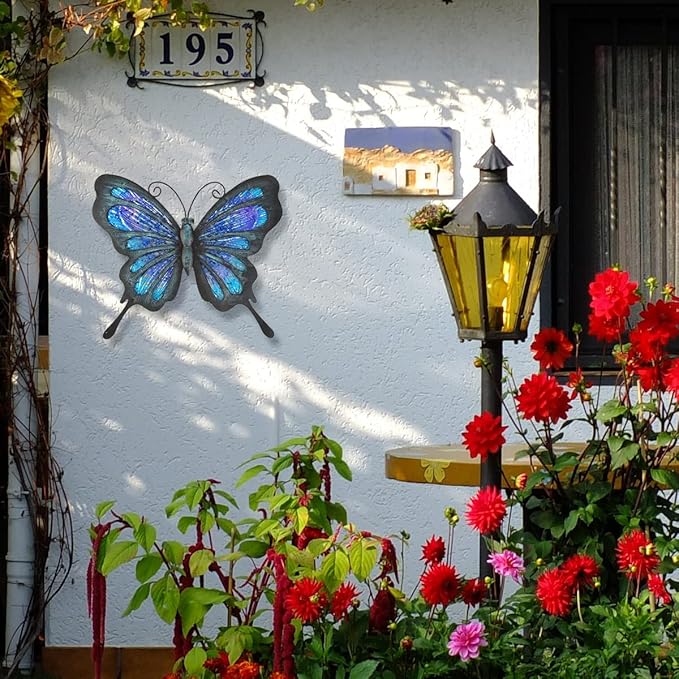 HONGLAND Metal Butterfly Wall Decor Outdoor Indoor Art Sculpture Hanging Glass Decorations Blue for Home Garden Bedroom