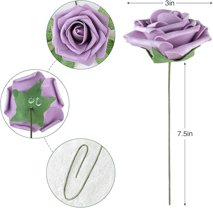 AmyHomie 25pcs Real Looking Artificial Pale Lavender Roses w/Stem for DIY Wedding Bouquets Centerpieces Arrangements Party Baby Shower Valentines Day Christmas Tree Decorations