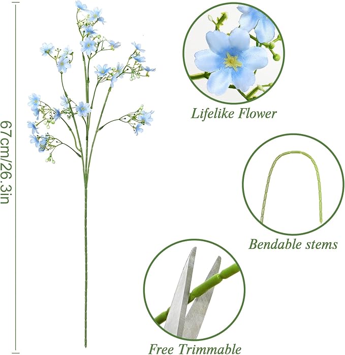 Artificial Flowers 8PCS Silk Flowers with Long Stems, Fake Flowers Bulk Fake Babys Breath, Royal Blue Flowers for Tall Vase Outdoor Garden Wedding Party Home Table (Light Blue, 8PCS)