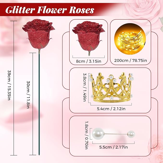 Red Glitter Roses Bouquet, 24 Pcs Shiny Glitter Flowers Bouquet, Everlasting DIY Artificial Roses Bouquet for Christmas, Birthday, Anniversary, Wedding, Engagement