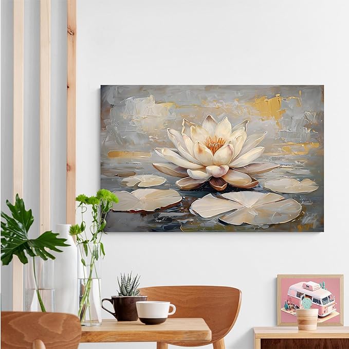 Ethereal white lotus floating on Crystal Waters poster vintage oil painting printwall art soft blush and gold accents serene home and office decor dreamy 28x40in Wood Framed