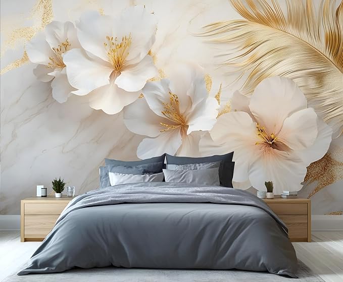 White Flowers Marble Wall Mural, Luxury Floral 3D Wall Murals, Elegant Gold Leaf Design Wallpaper Mural, for Living Room Bedroom Large Wallpaper Indoor Decor 118" W x 82.6 "H