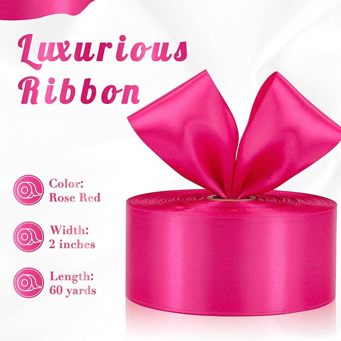 Hot Pink Satin Ribbon 2 Inch 60 Yards, Polyester Fabric Ribbon for Flower Bouquet, Wedding, Crafts, Gift Wrapping, Baby Shower, DIY Bows and Outdoor Decor