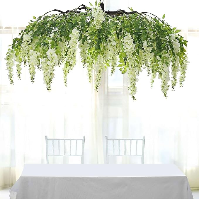 Efavormart 55" Cream Artificial Silk Wisteria Vine Round Hanging Canopy, Draping Garland Flower Chandelier with Interchangeable Branches