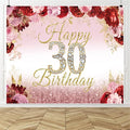 10x8ft Happy 30th Birthday Backdrop Pink Red Rose Flower Bush Garden Birthday Photography Background Floral Themed Women 30th Birthday Party Decoration